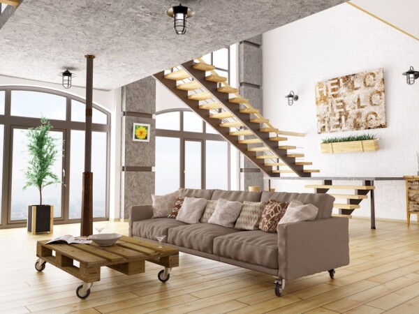 Interior of living room with sofa, staircase 3d render. All images, photos, pictures used in this interior are my own works, all rights belong to me.